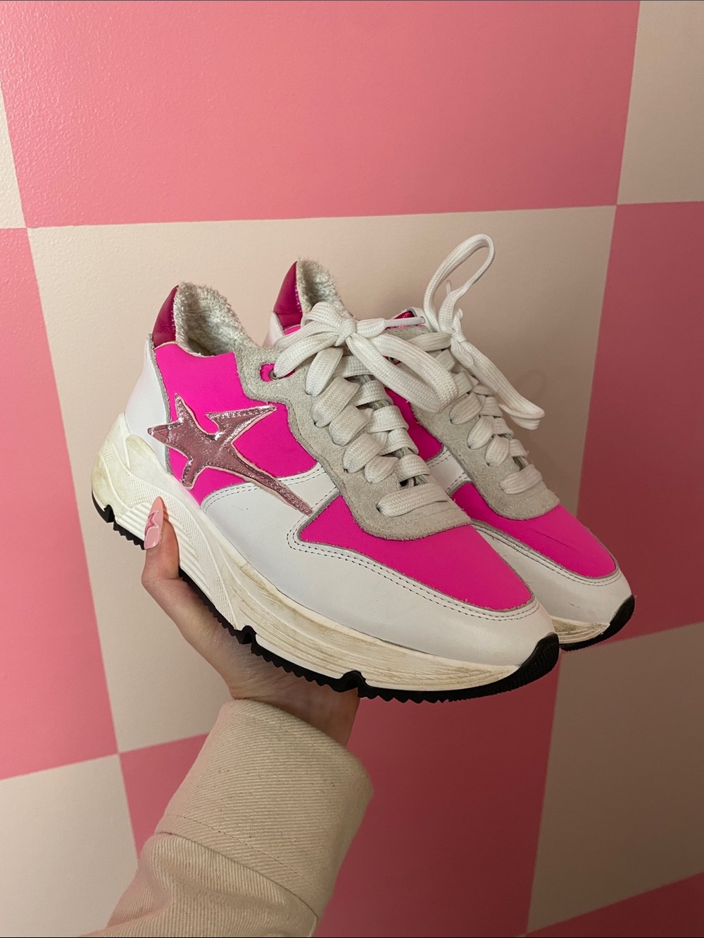 Hot Pink and White Women’s Lace-Up Platform Sneakers